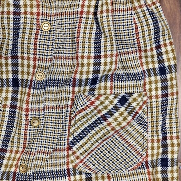 Vintage 70s 2T 3T Plaid Pinafore Dress Long Maxi Button Up Tan Navy Red‎ Gold - Picture 8 of 10